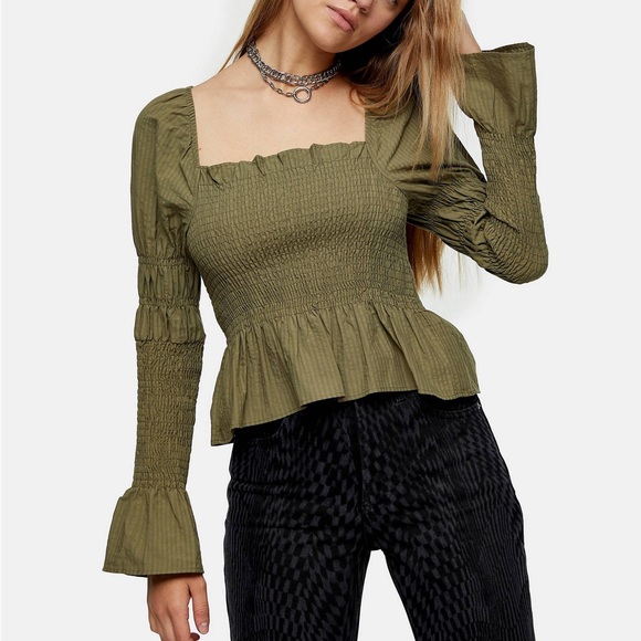 Topshop Green Shirred Long Sleeve Peplum Hem Blouse Size 2 - Picture 3 of 13